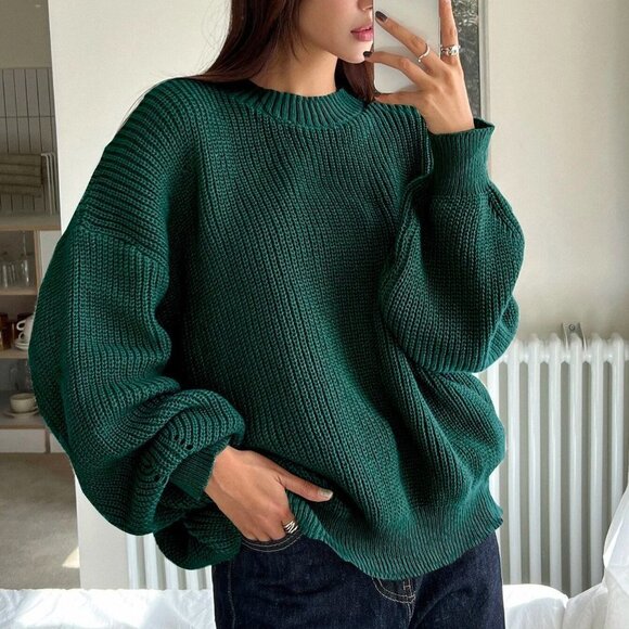 Green Boho Womens Eyelet Detail Ribbed Knit Drop Shoulder Sweater - Picture 1 of 5